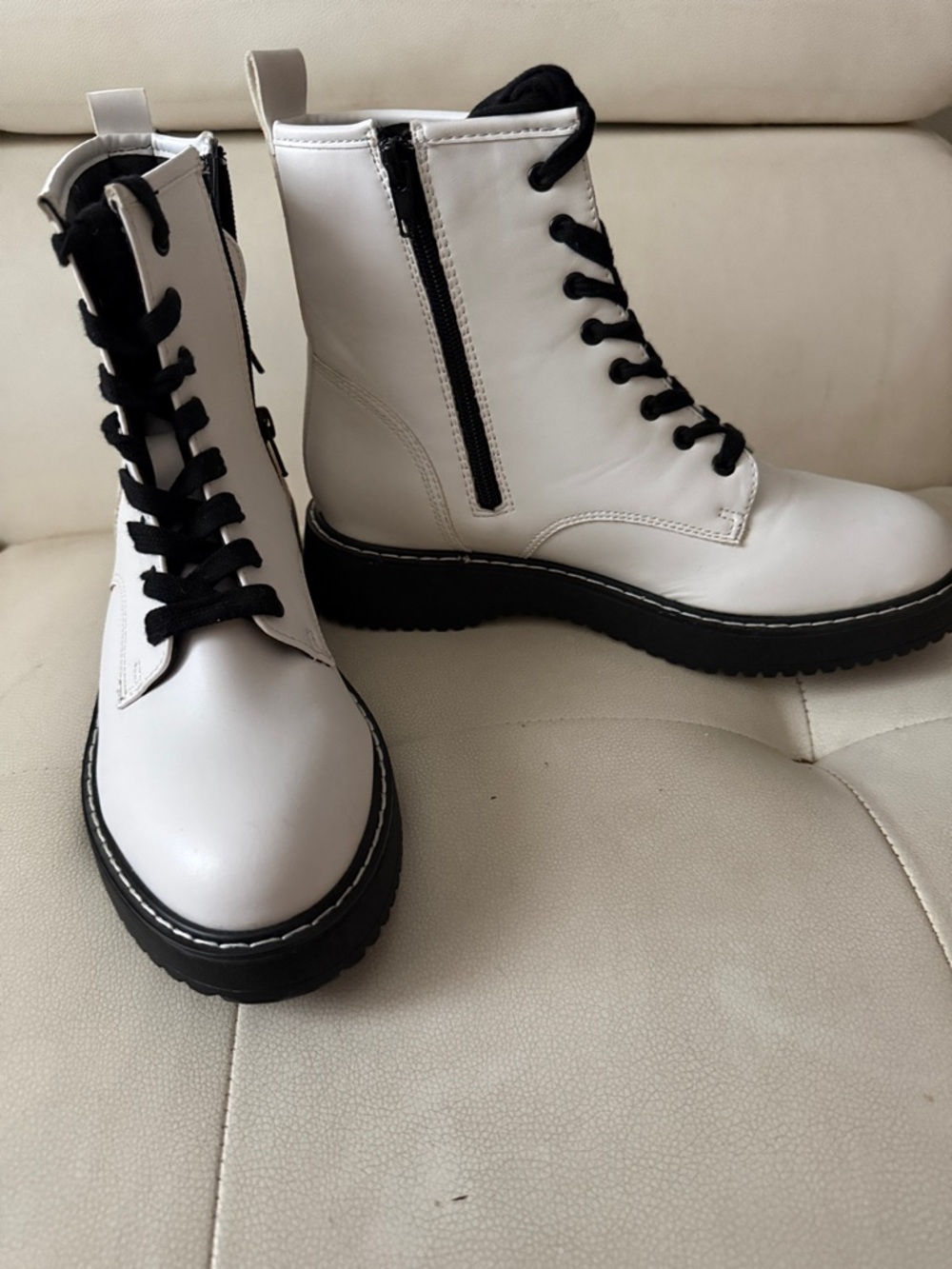 Ladies White Combat Boots with Black Laces and Sole